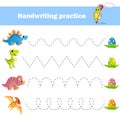 Worksheet for practicing fine kids motor skills. Handwriting practice. Educational game for kids. Dinosaurs